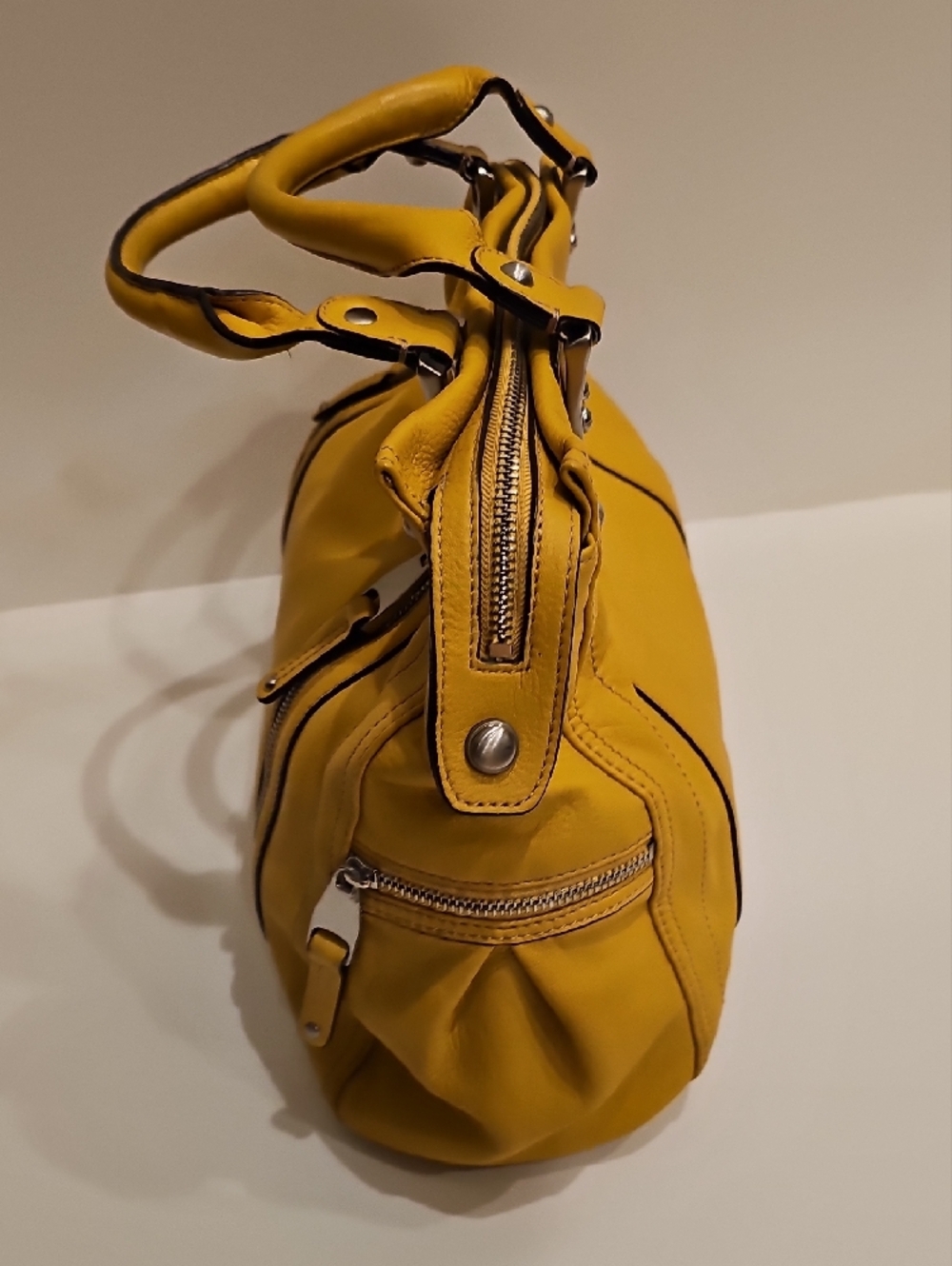 b. makowsky Yellow Leather Shoulder Satchel 15"x12"x4" - Picture 3 of 13
